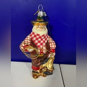 Vintage Neiman Marcus 6" Blown Glass Western Cowboy Santa with Lasso & Saddle